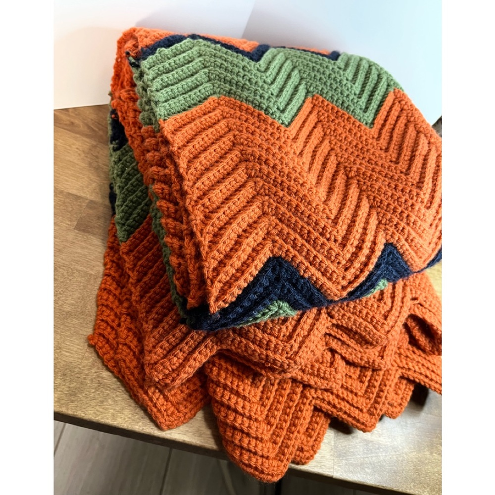 Vintage Crochet Blanket Zig Zag Chevron Handmade Fall Colors